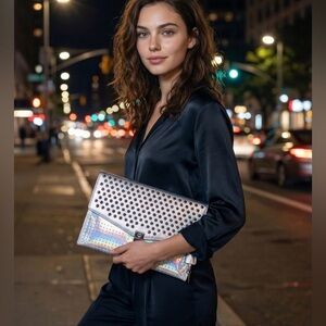 MCM Studded Metallic Large Clutch Silver ✨Runway-Era • Collectible